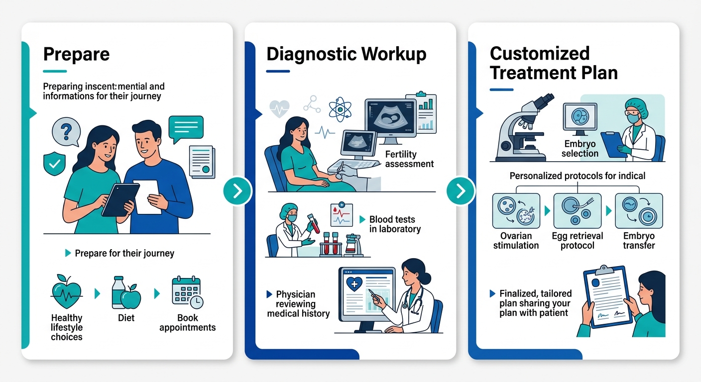 A horizontal three-step process flow illustrating the IVF consultation journey with blue and teal medical icons: Prepare with a clipboard, Diagnostic Workup with a microscope, Customized Treatment Plan with a roadmap, connected by arrows on a white background.