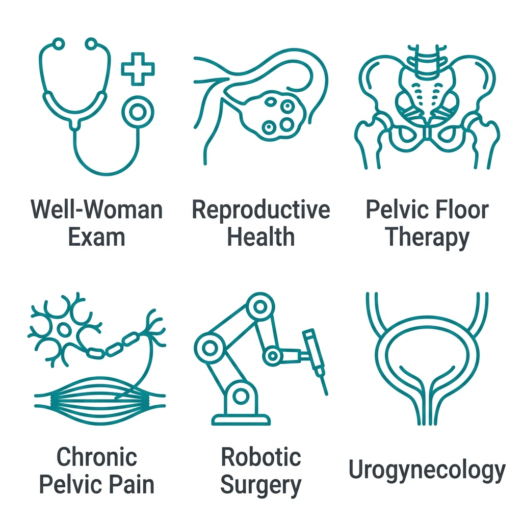 Grid of six teal medical icons representing comprehensive women's health services with labels