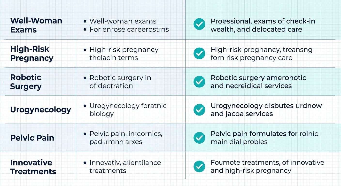 Infographic comparing gynecological services between a general OBGYN and First Class OBGYN, highlighting advanced offerings.