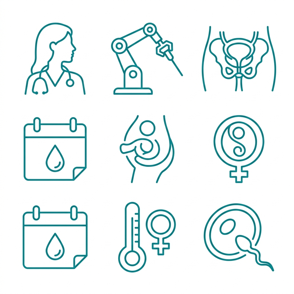 Icon set illustrating comprehensive gynecological care services