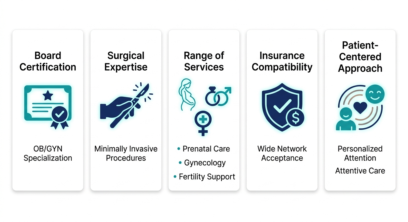 Comparison infographic of five key factors for choosing an OBGYN