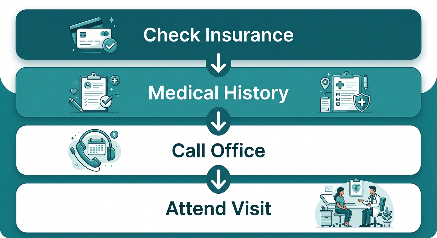 Vertical process flow showing four stages to schedule a first OBGYN appointment: Check Insurance, Medical History, Call Office, Attend Visit.