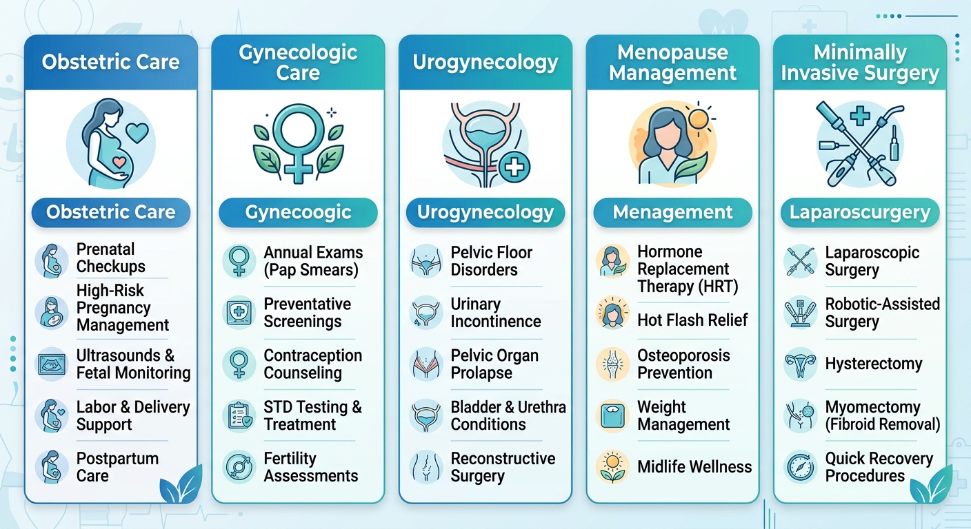 Infographic showing five columns comparing key women's health services in South Florida: Obstetric Care, Gynecologic Care, Urogynecology, Menopause Management, and Minimally Invasive Surgery, with service lists and icons in a clean medical design.