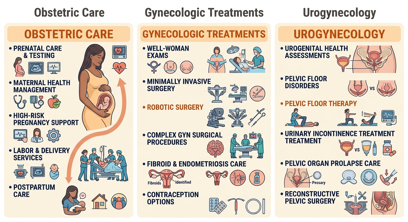 Three-column infographic showing comprehensive OBGYN care services