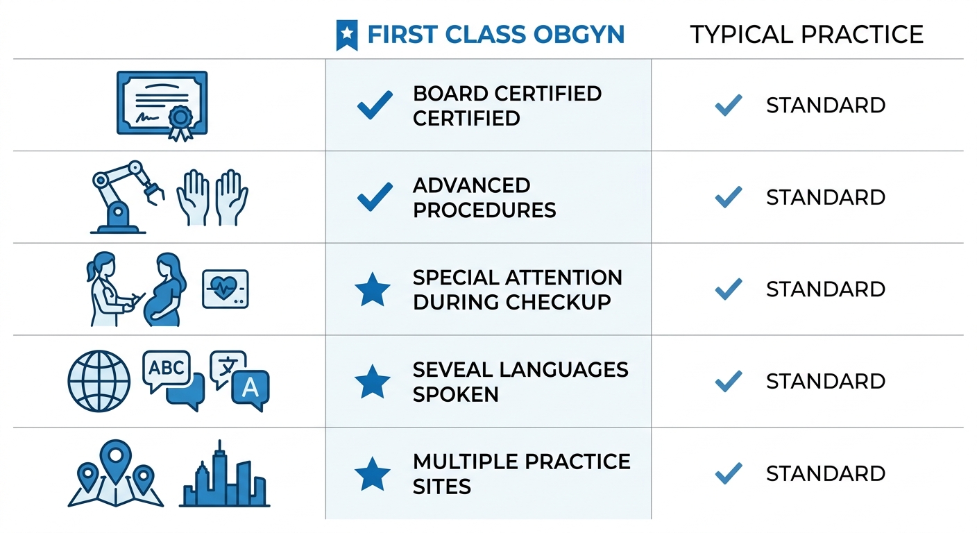 Visual comparison of First Class OBGYN features versus a typical local practice