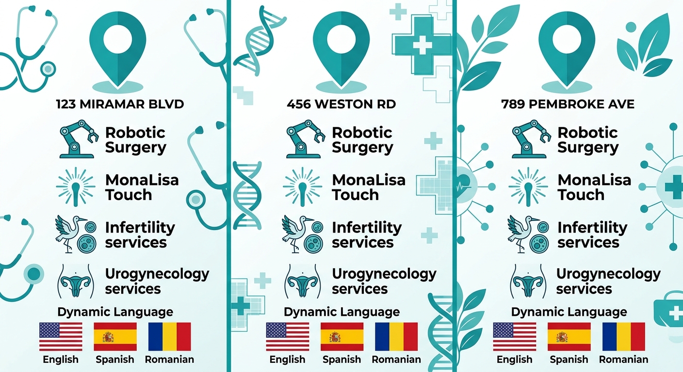 Comparison of three First Class OBGYN office locations in Miramar, Weston, and Pembroke Pines with key services and language flags