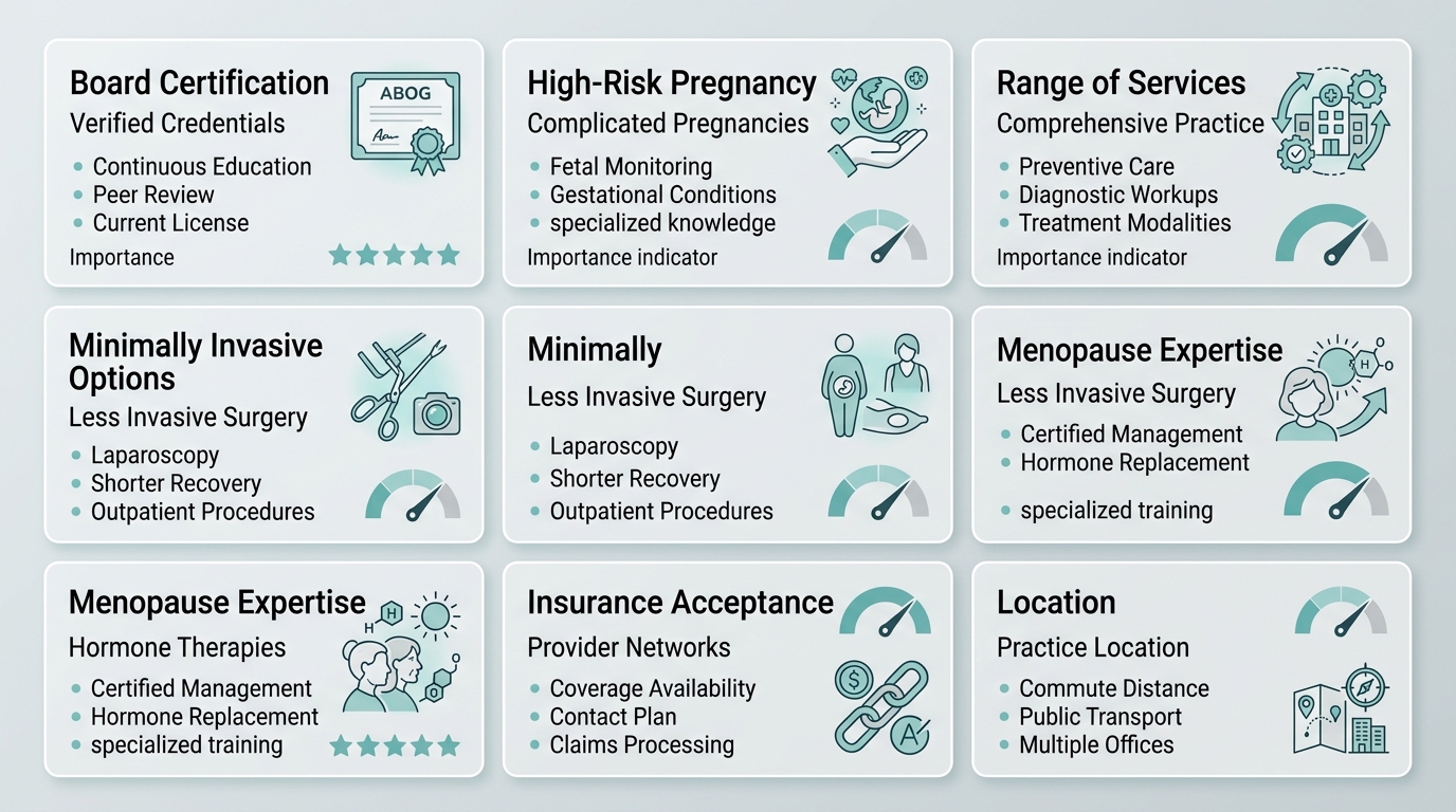 Infographic comparing seven key considerations for choosing an OBGYN, including board certification, high-risk pregnancy care, and menopause expertise, presented in soft teal