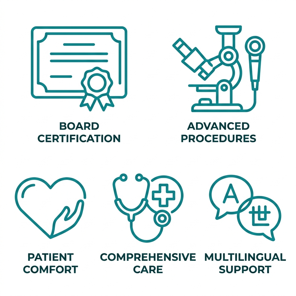 Five icons representing key selection criteria for choosing a gynecologist