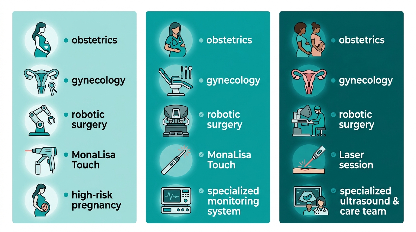 Infographic comparing three South Florida clinic locations of First Class OBGYN