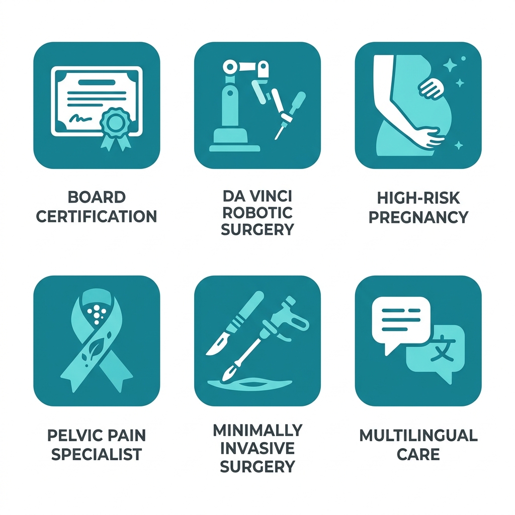 Set of six icons representing essential qualities of a top gynecologist in Fort Lauderdale