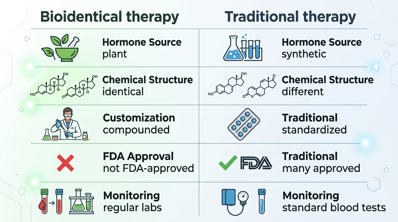 Side-by-side comparison of bioidentical versus traditional hormone therapy options for menopause management.