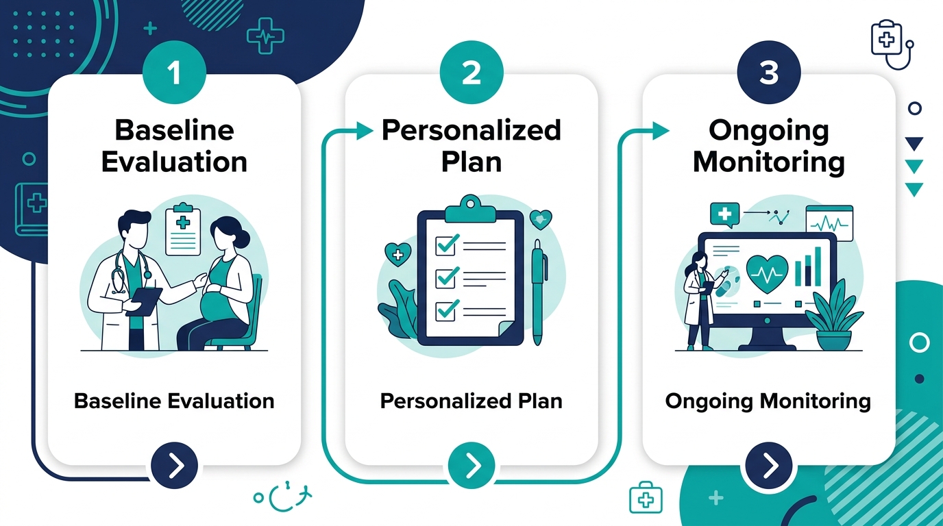 Three-stage hormone replacement therapy process: Baseline Evaluation, Personalized Treatment Plan, and Ongoing Monitoring, illustrated with medical icons and connecting arrows.