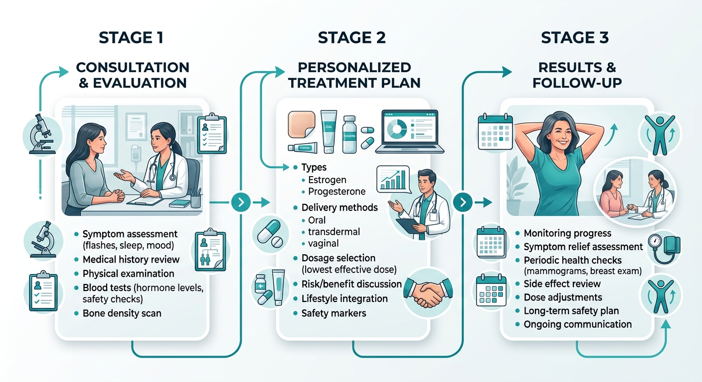 Process flow showing three steps of starting hormone therapy: consultation, treatment plan, and follow-up.