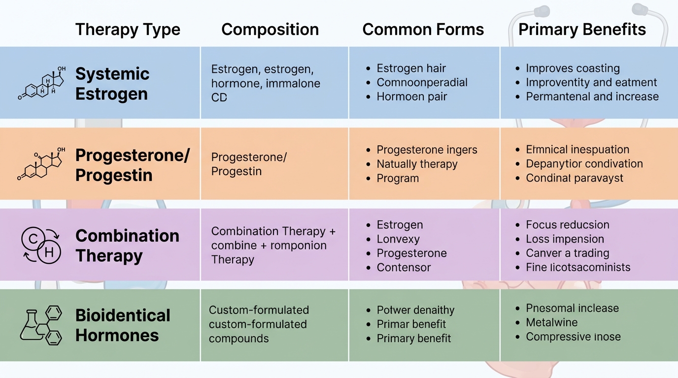 Comparison infographic of four hormone replacement therapy types: systemic estrogen, progesterone/progestin, combination therapy, and bioidentical hormones, showing composition, common forms, and primary benefits in a color-coded matrix