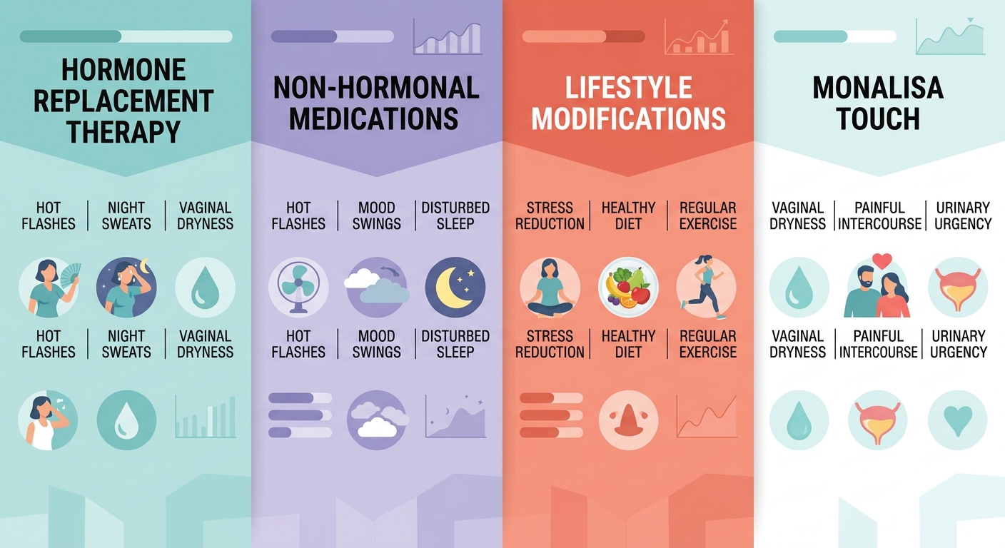 Infographic comparing four menopause treatment options: Hormone Replacement Therapy, Non-Hormonal Medications, Lifestyle Modifications, and MonaLisa Touch laser therapy, with distinct icons and symptom labels.