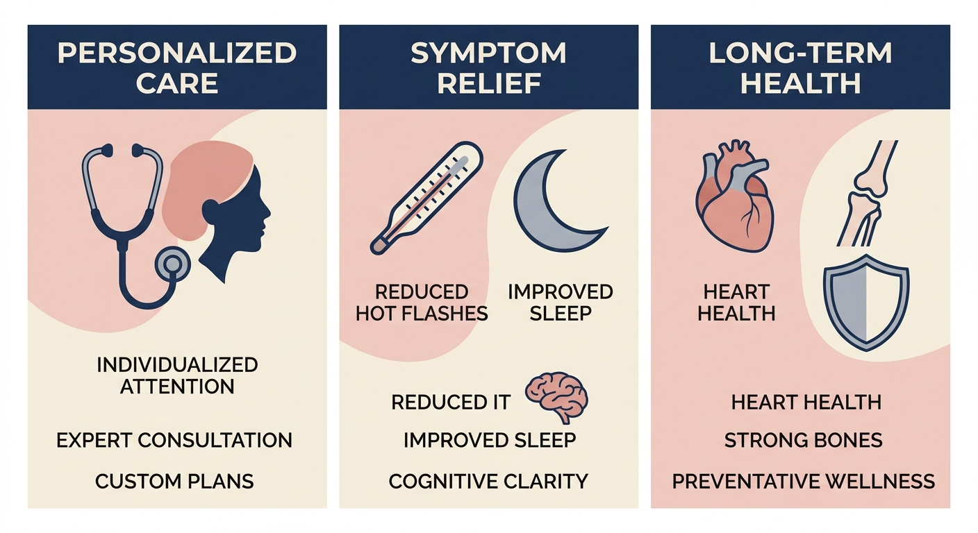 Infographic of three benefits of consulting a hormone specialist for menopause management: Personalized Care, Symptom Relief, and Long-Term Health.