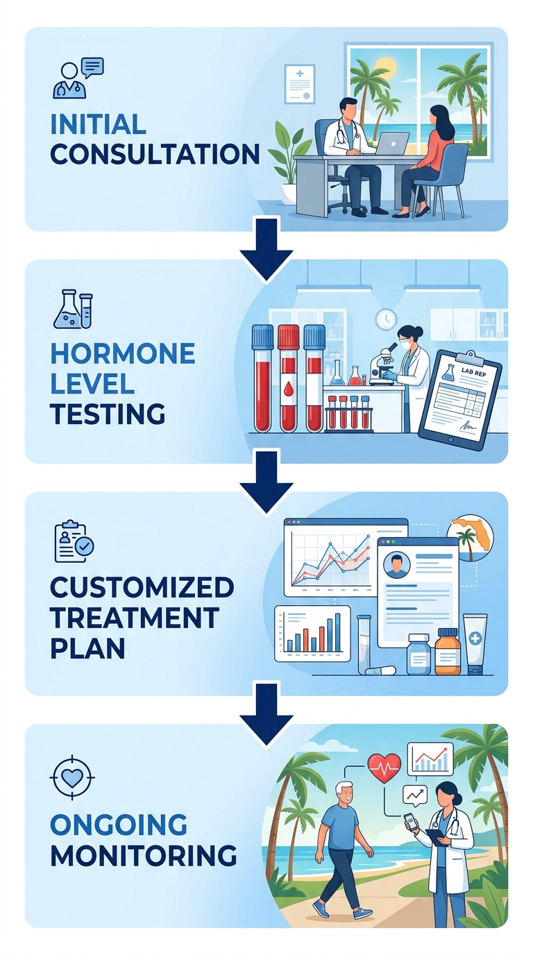 Vertical process flow showing four steps of hormone therapy: initial consultation, hormone level testing, customized treatment plan, and ongoing monitoring.