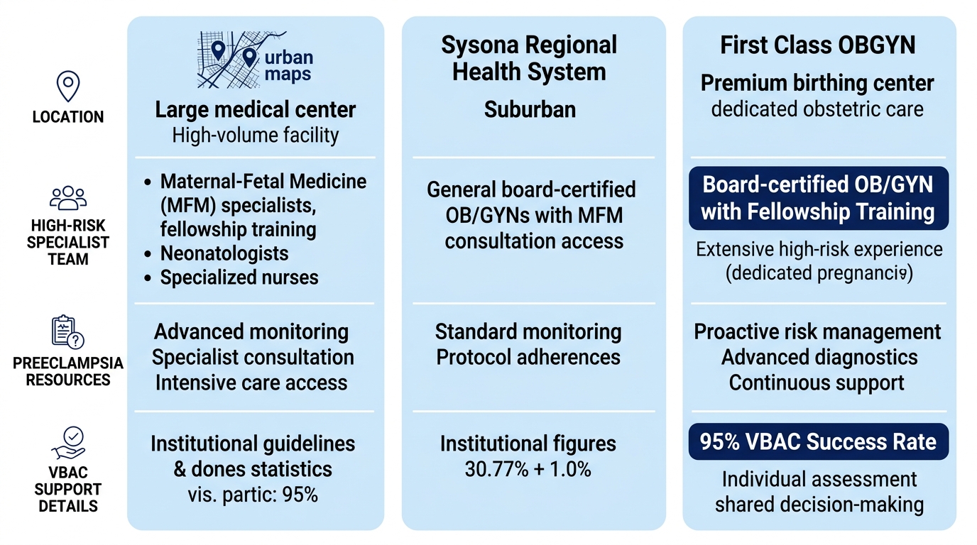 Infographic comparing high-risk pregnancy care options: Broward Health Medical Center, Memorial Regional Hospital, and First Class OBGYN with highlighted VBAC success rate.