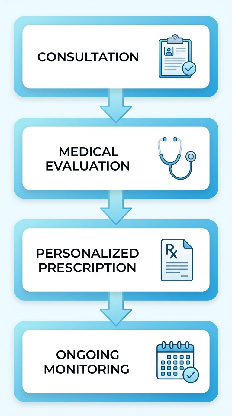 Vertical process flow showing four steps to begin hormone replacement therapy: consultation, medical evaluation, personalized prescription, and ongoing monitoring, with medical icons and a light blue and white design.