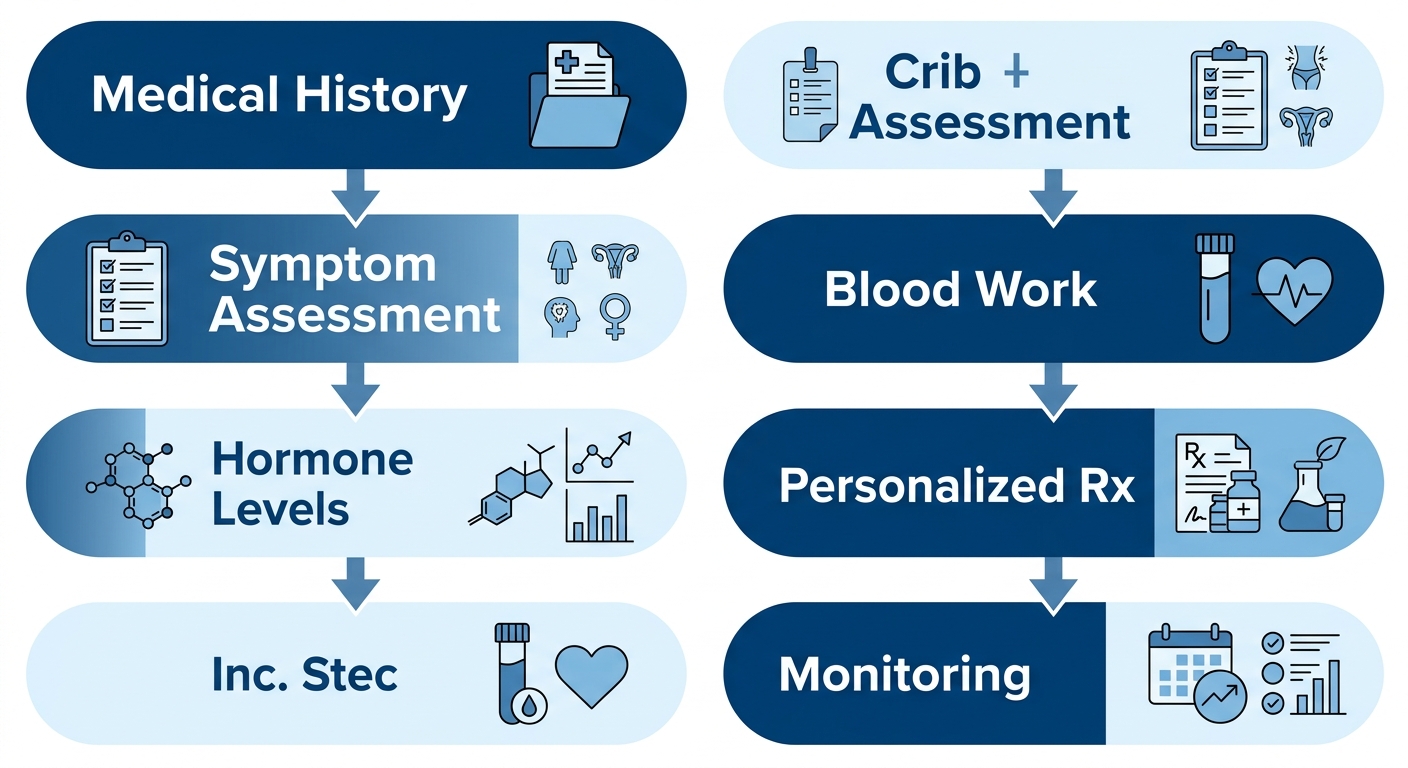 A vertical process flow diagram showing six steps of customized bioidentical hormone replacement therapy.