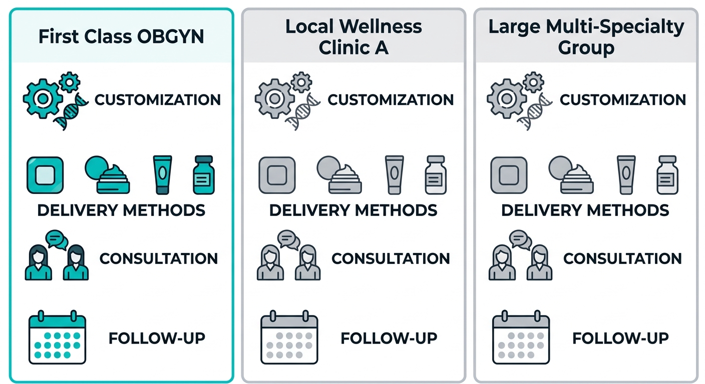 Comparison infographic of three BHRT providers in Fort Lauderdale highlighting First Class OBGYN's personalized approach.