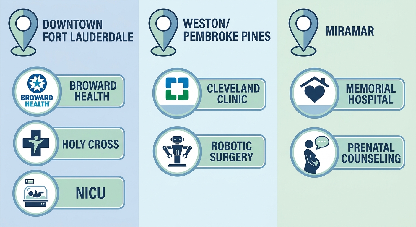 Visual comparison of pregnancy care access across three Broward County areas with hospital icons and service badges.