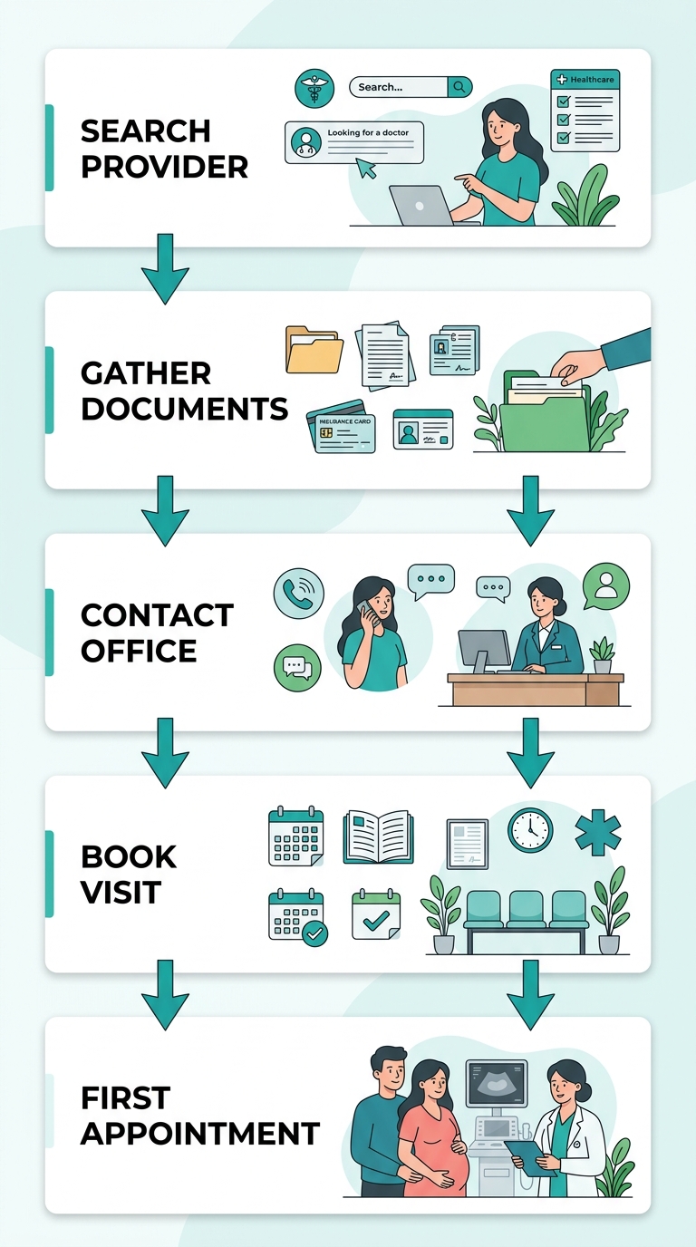 Vertical process flow showing five steps to schedule a first prenatal appointment: search, gather documents, contact, book, first appointment
