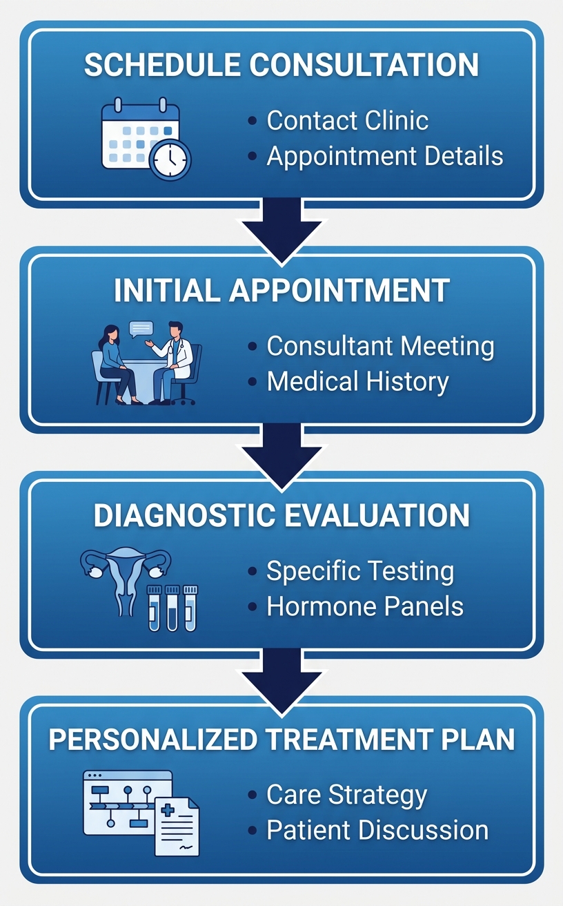 Vertical process flow diagram showing four steps to begin fertility care: Schedule Consultation, Initial Appointment, Diagnostic Evaluation, Personalized Treatment Plan.