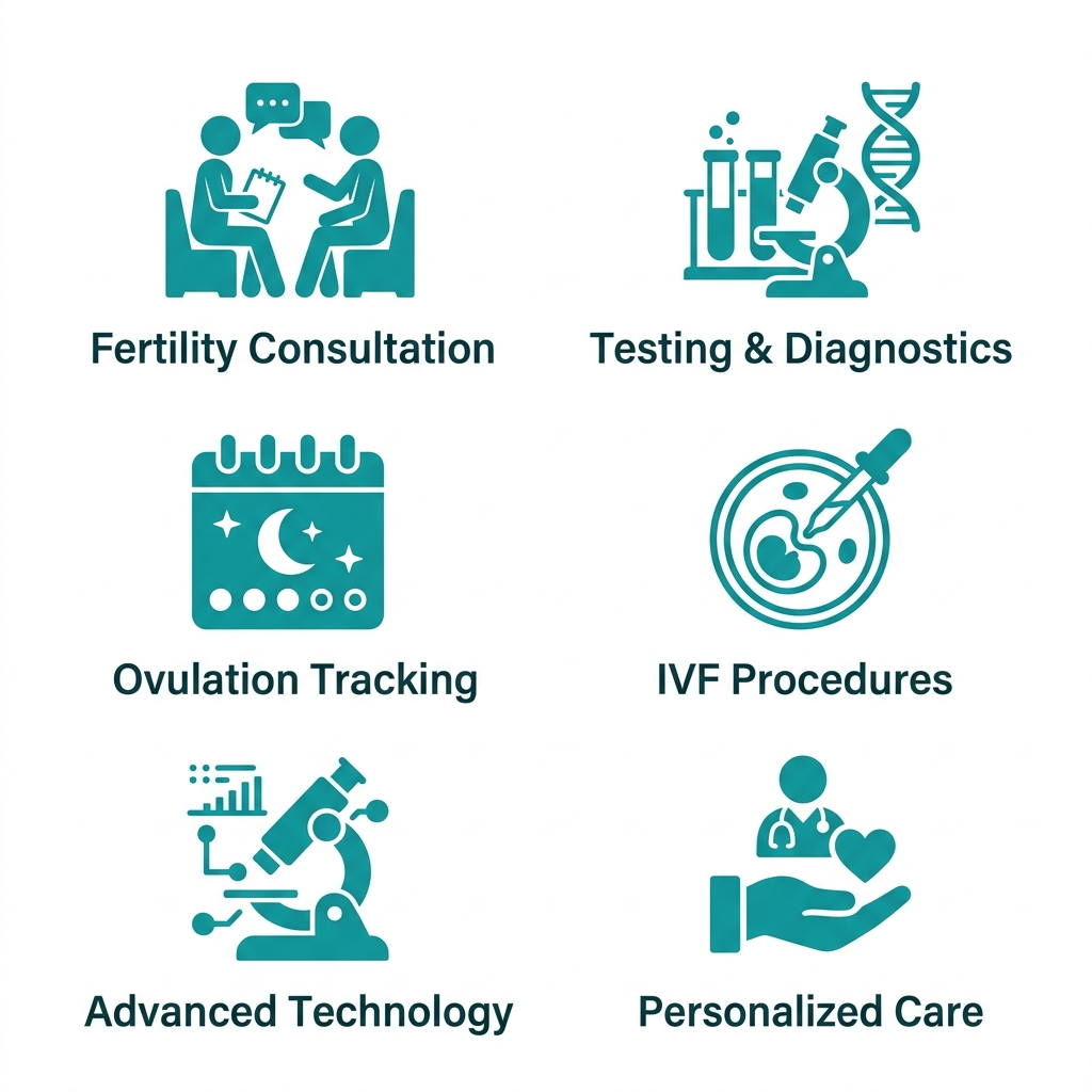 Grid of six teal icons representing fertility services: stethoscope, test tube, calendar, embryo, DNA helix, heart, with labels below.