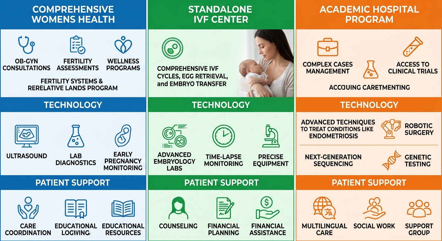 Three-column infographic comparing infertility clinic types in Fort Lauderdale, displaying services offered, technology and expertise, and patient support features with color-coded columns.
