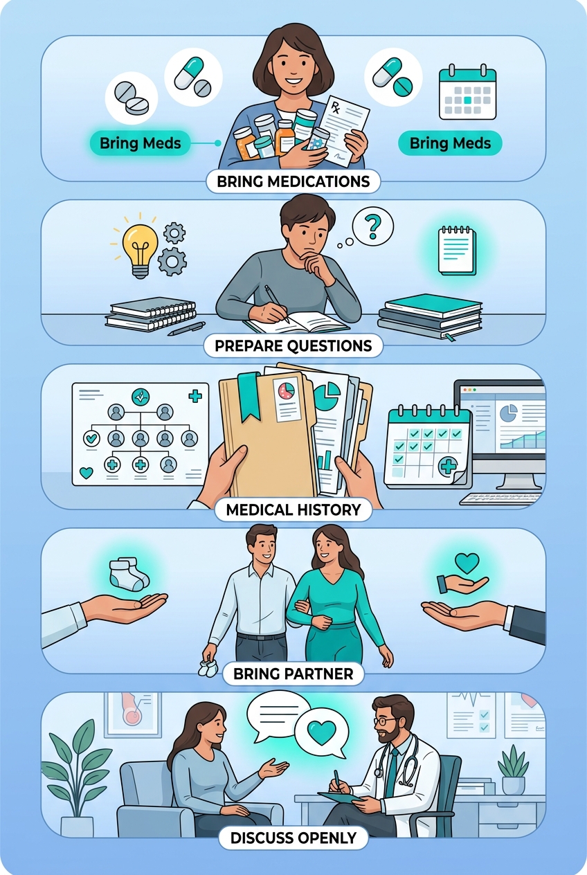 Illustration showing five steps preparing for a fertility consultation: bringing medications, preparing questions, reviewing medical history, bringing partner, and discussing concerns openly.
