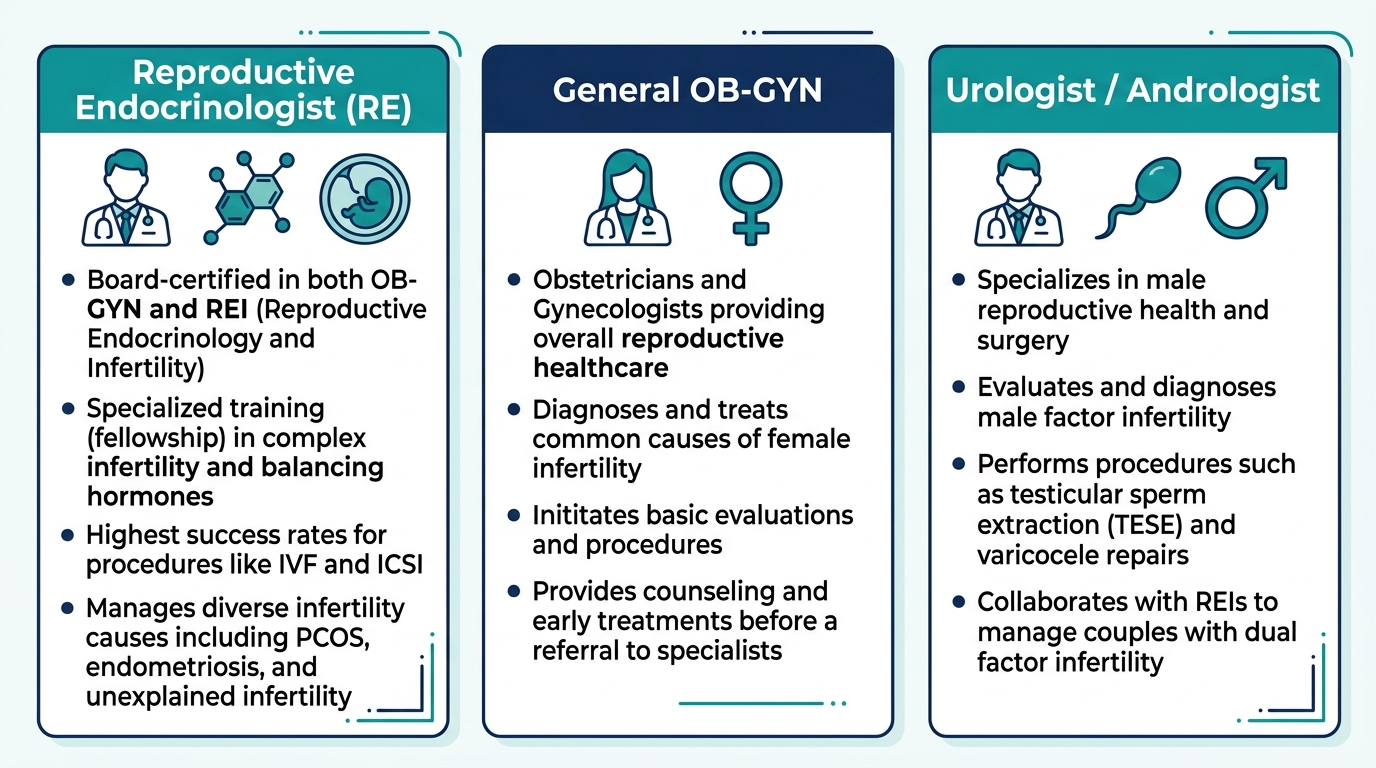 Three-column infographic comparing Reproductive Endocrinologist, General OB-GYN, and Urologist/Andrologist infertility specialists with teal and navy color scheme.