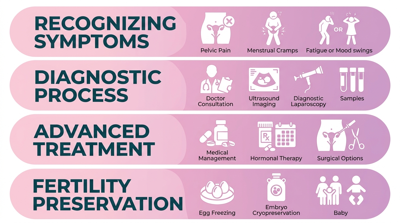 Vertical process flow showing four stages of endometriosis care: Recognizing Symptoms, Diagnostic Process, Advanced Treatment Options, and Fertility Preservation