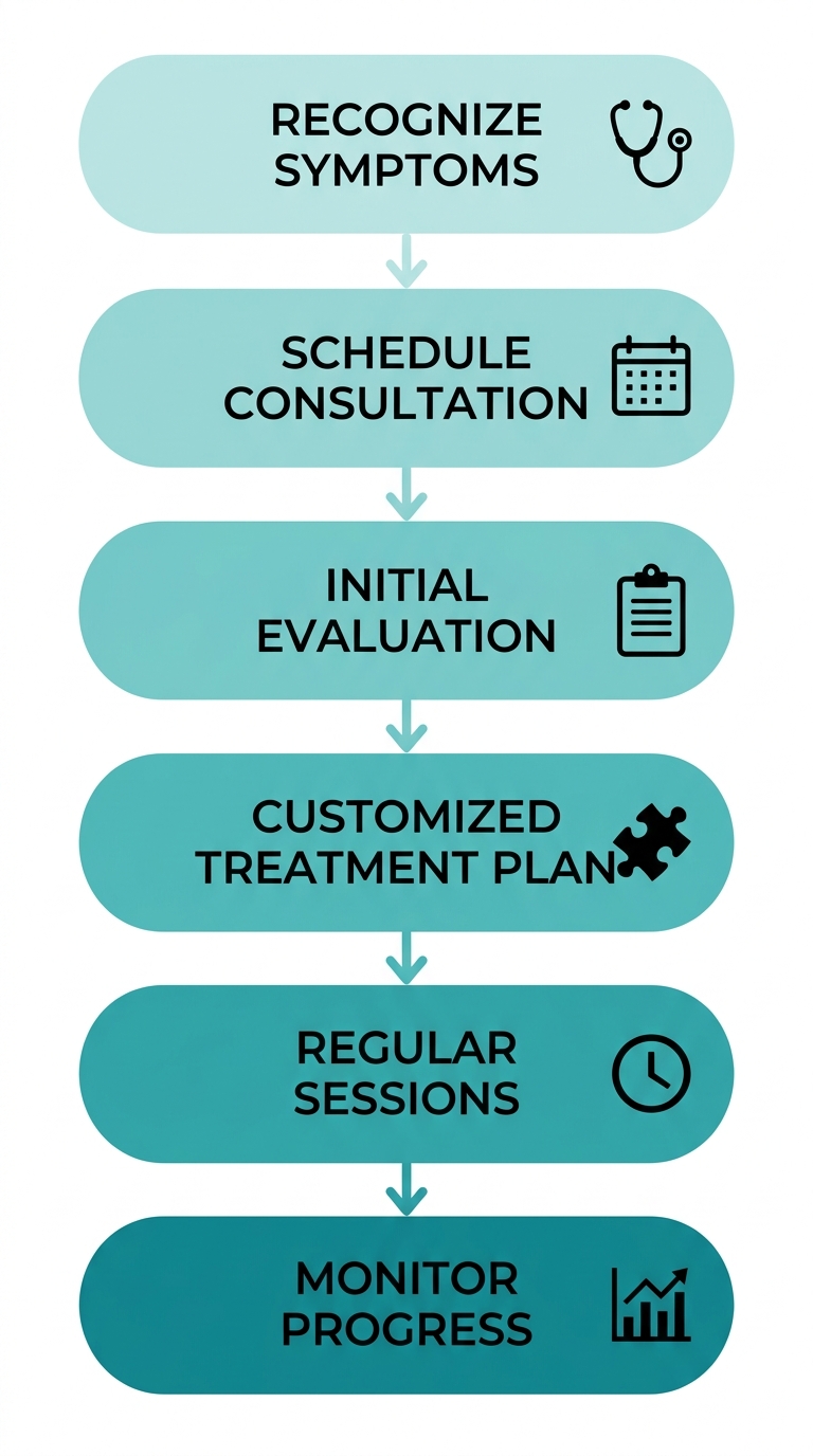 Step-by-step patient journey to begin pelvic floor therapy at First Class OBGYN, showing six stages from symptom recognition to progress monitoring.