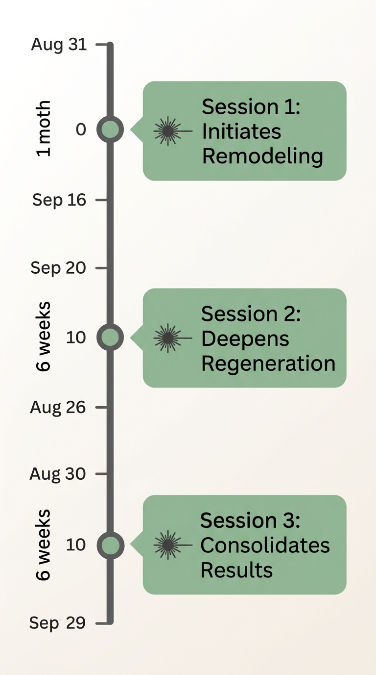 Timeline of MonaLisa Touch treatment with three sessions: Initiates Remodeling, Deepens Regeneration, Consolidates Results, spaced six weeks apart.