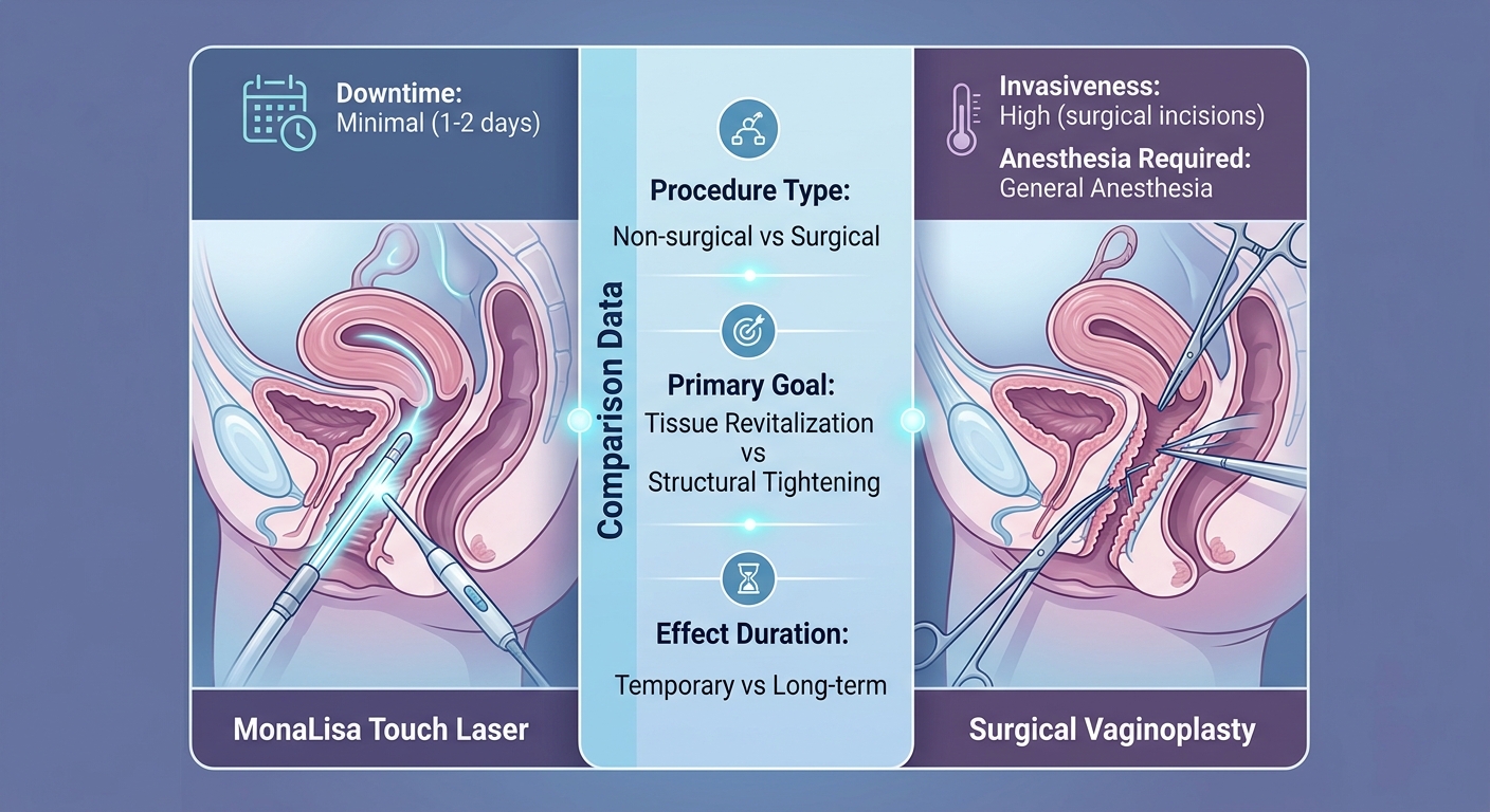 Comparison infographic showing MonaLisa Touch laser versus surgical vaginoplasty, comparing downtime, invasiveness, and anesthesia requirements