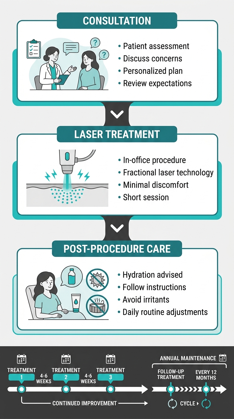 Step-by-step process flow of MonaLisa Touch procedure showing consultation, laser treatment, and post-procedure care, with timeline of treatment series.
