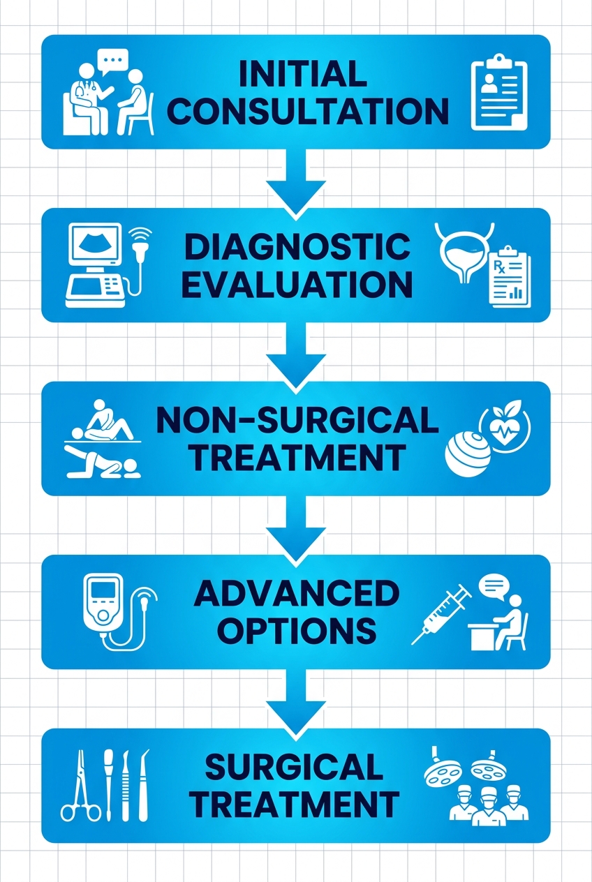 Vertical process flow diagram illustrating urinary incontinence treatment stages: Initial Consultation, Diagnostic Evaluation, Non-Surgical Treatment, Advanced Options, and Surgical Treatment, connected by downward arrows with blue gradient fill and white icons.