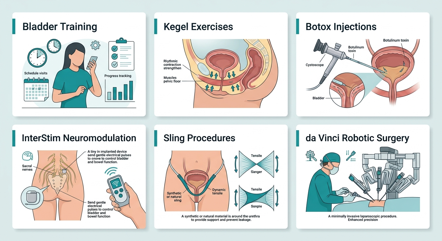 Infographic comparing non-surgical treatments (bladder training, Kegels, Botox, InterStim) and surgical treatments (sling, da Vinci surgery) for urinary incontinence.