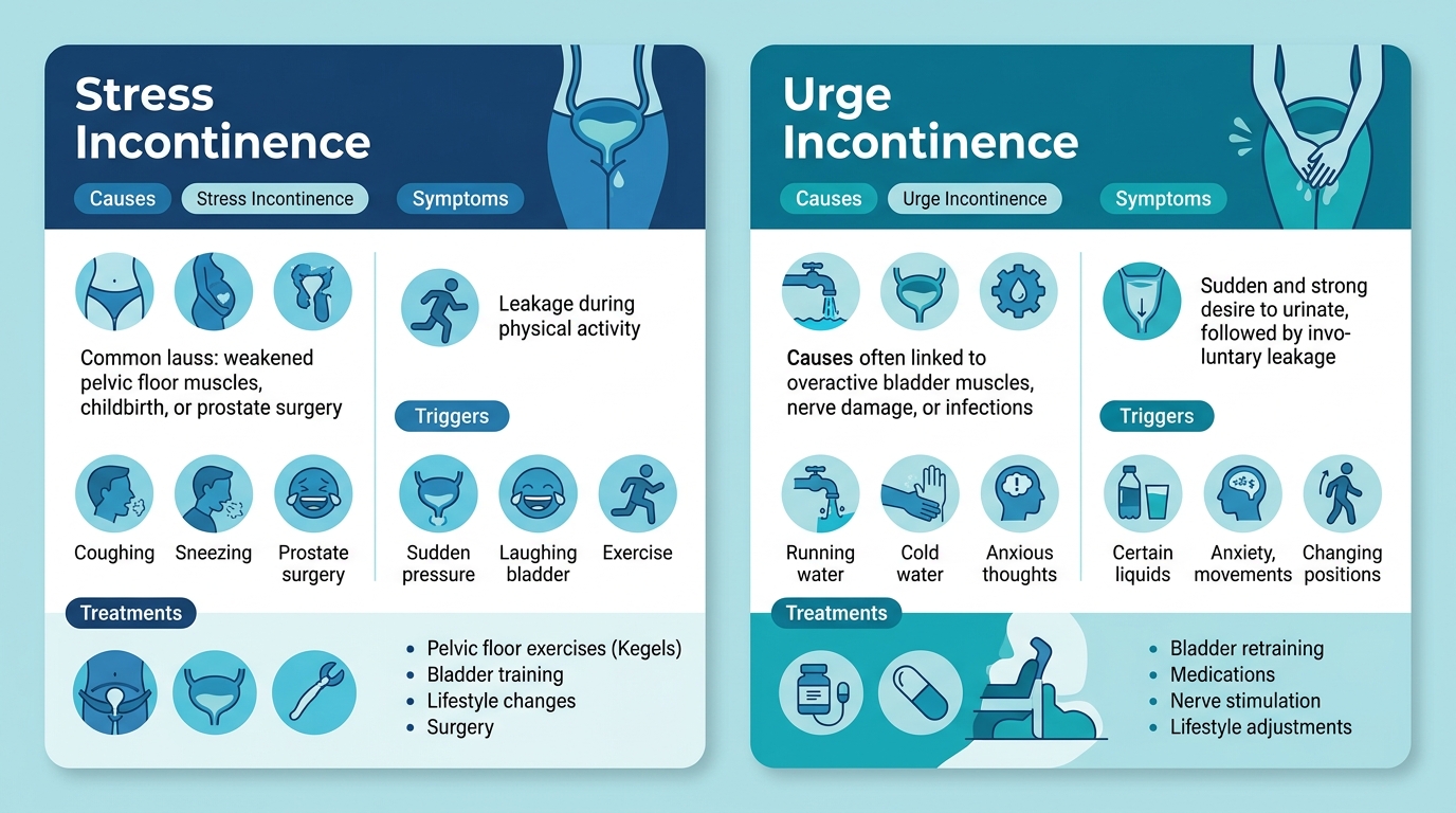 Infographic comparing stress incontinence caused by physical triggers like coughing and exercise with urge incontinence triggered by sudden urges like cold water and anxiety, showing causes, symptoms, triggers, and treatments without titles.