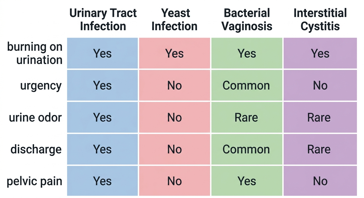 Infographic comparing symptoms of urinary tract infection, yeast infection, bacterial vaginosis, and interstitial cystitis across five common symptoms