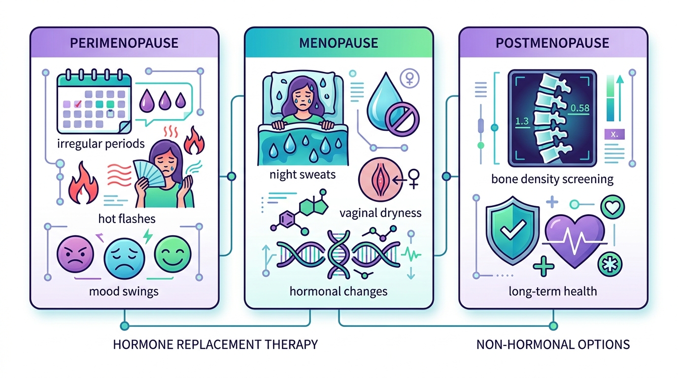 Infographic showing three stages of menopause: perimenopause, menopause, postmenopause with symptoms and treatment options.