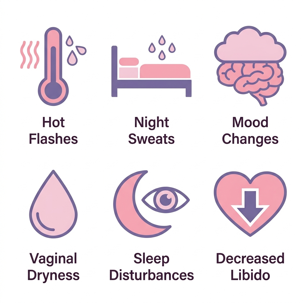 Six icons representing common menopause and perimenopause symptoms including hot flashes, night sweats, mood changes, vaginal dryness, sleep disturbances, and decreased libido, arranged in a 2x3 grid on a white background.