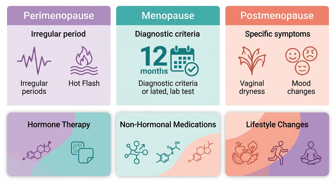 Three stages of menopause and treatment approaches infographic with perimenopause, menopause, postmenopause, and hormone therapy, non-hormonal medications, lifestyle changes.