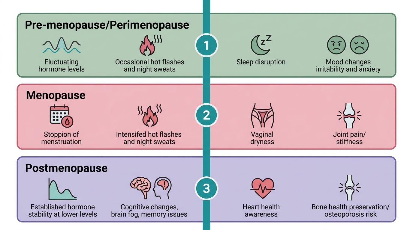 Medical timeline diagram illustrating the three stages of menopause: perimenopause, menopause, and postmenopause, with key symptom icons.