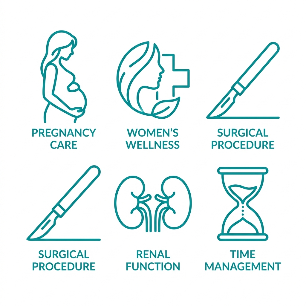Five icons representing obstetrics, gynecology, surgery, urogynecology, and menopause services