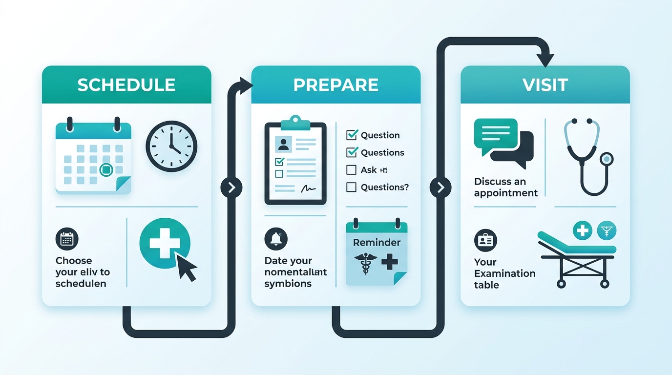 Process flow diagram showing three steps: Schedule, Prepare, Visit for OBGYN appointment scheduling