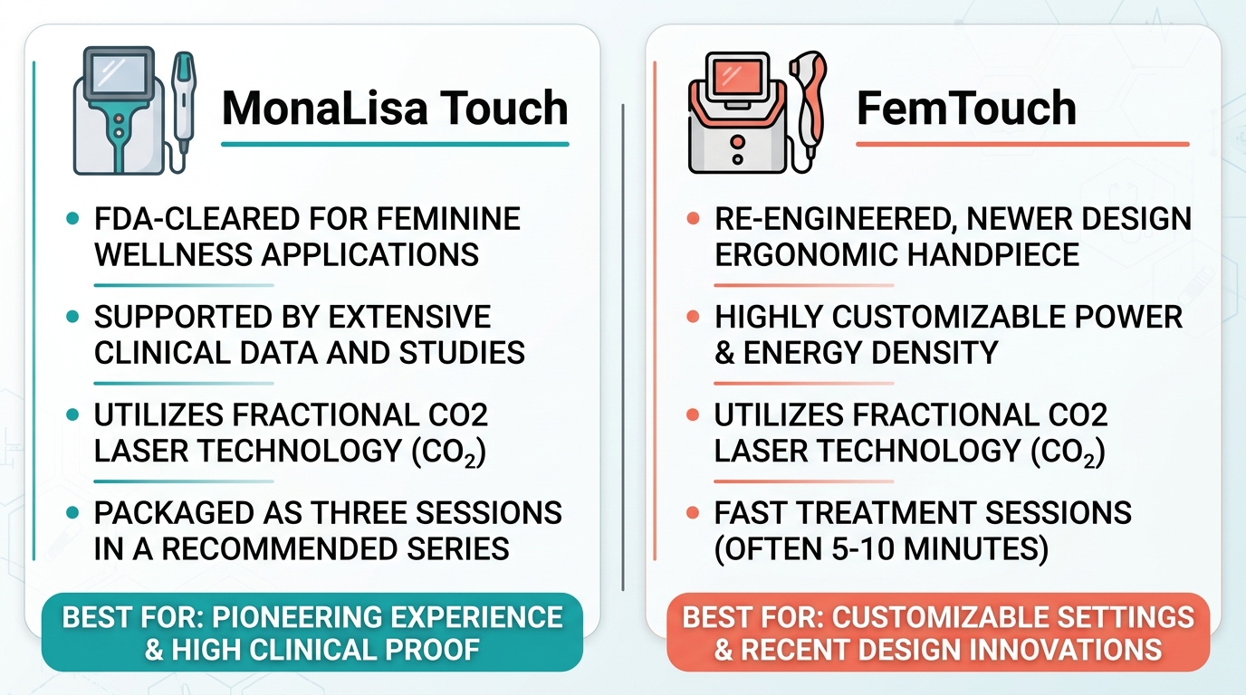 Infographic comparing two vaginal laser rejuvenation technologies: MonaLisa Touch (teal) and FemTouch (coral).