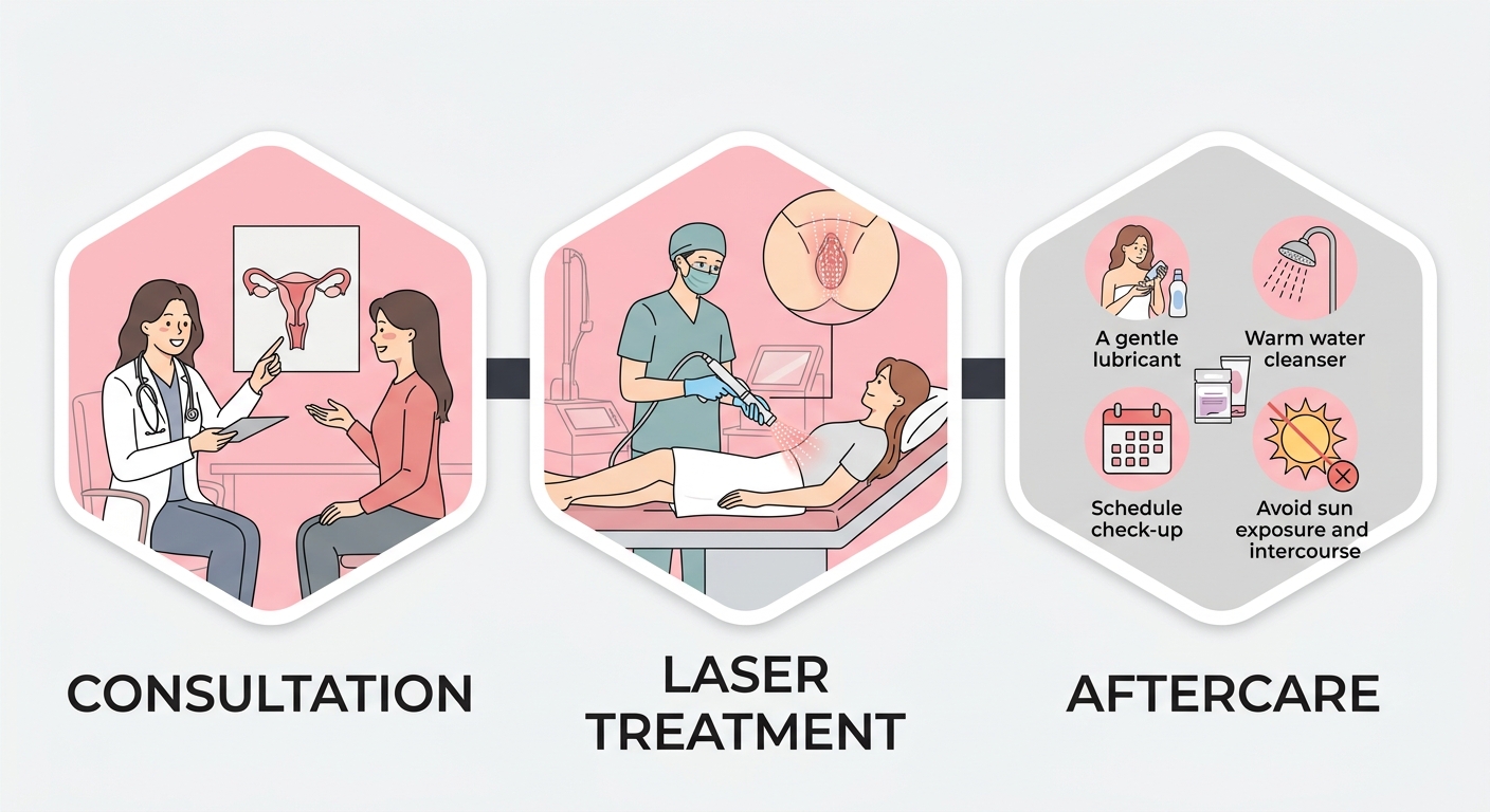 A process flow diagram showing three stages of the MonaLisa Touch vaginal laser rejuvenation procedure: initial consultation, laser treatment session, and recovery aftercare.