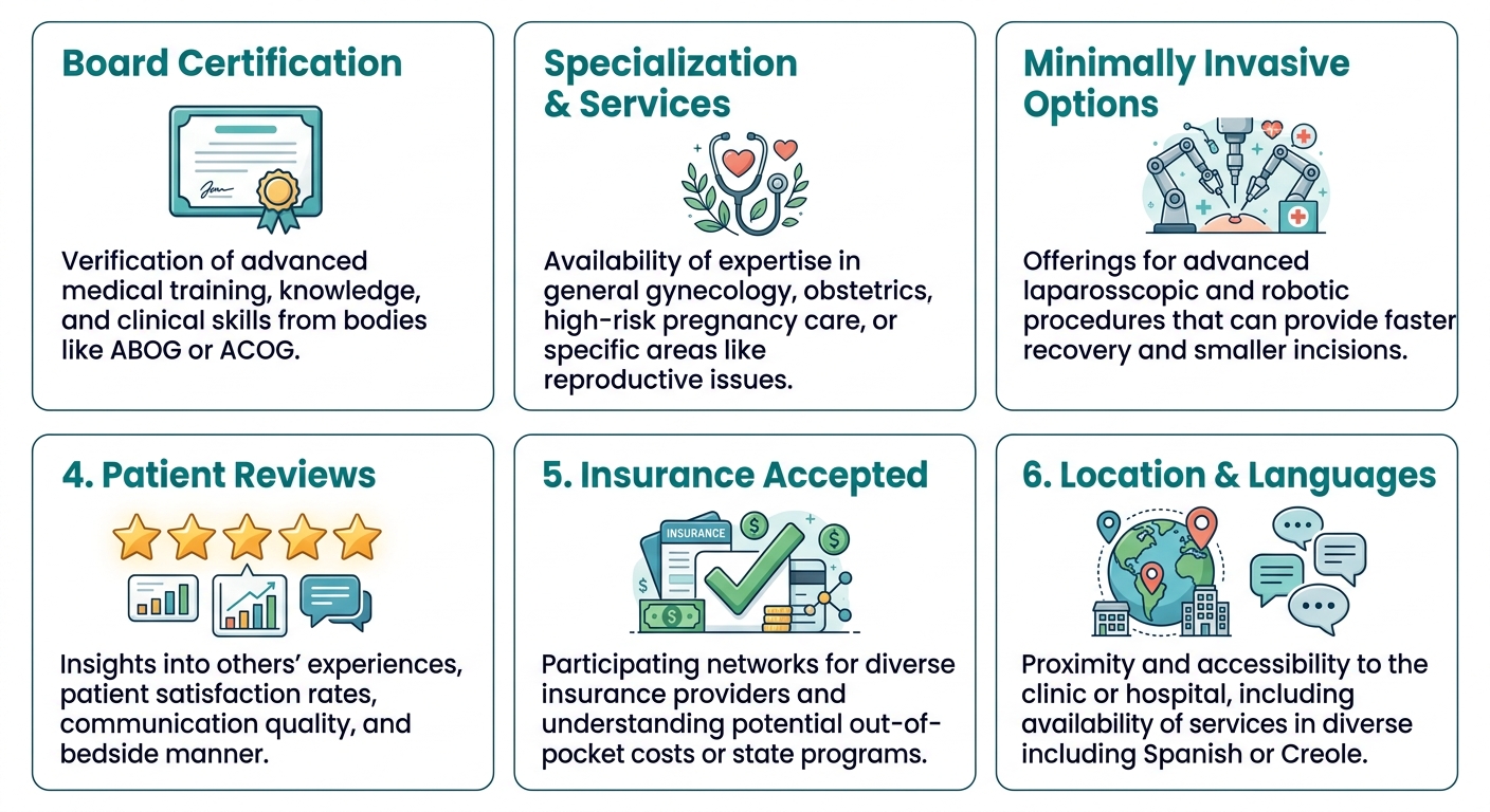 Infographic showing six factors for choosing a gynecologist: board certification, specialization, minimally invasive options, reviews, insurance, and location.